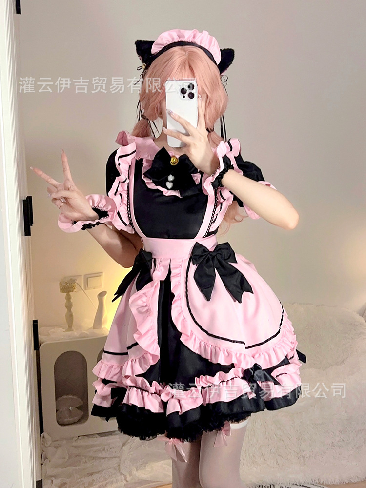 Sweet Black Pink Maid Cos Costume Lolita Soft Girl Dress Anime Heavy Industry Maid Lolita Skirt