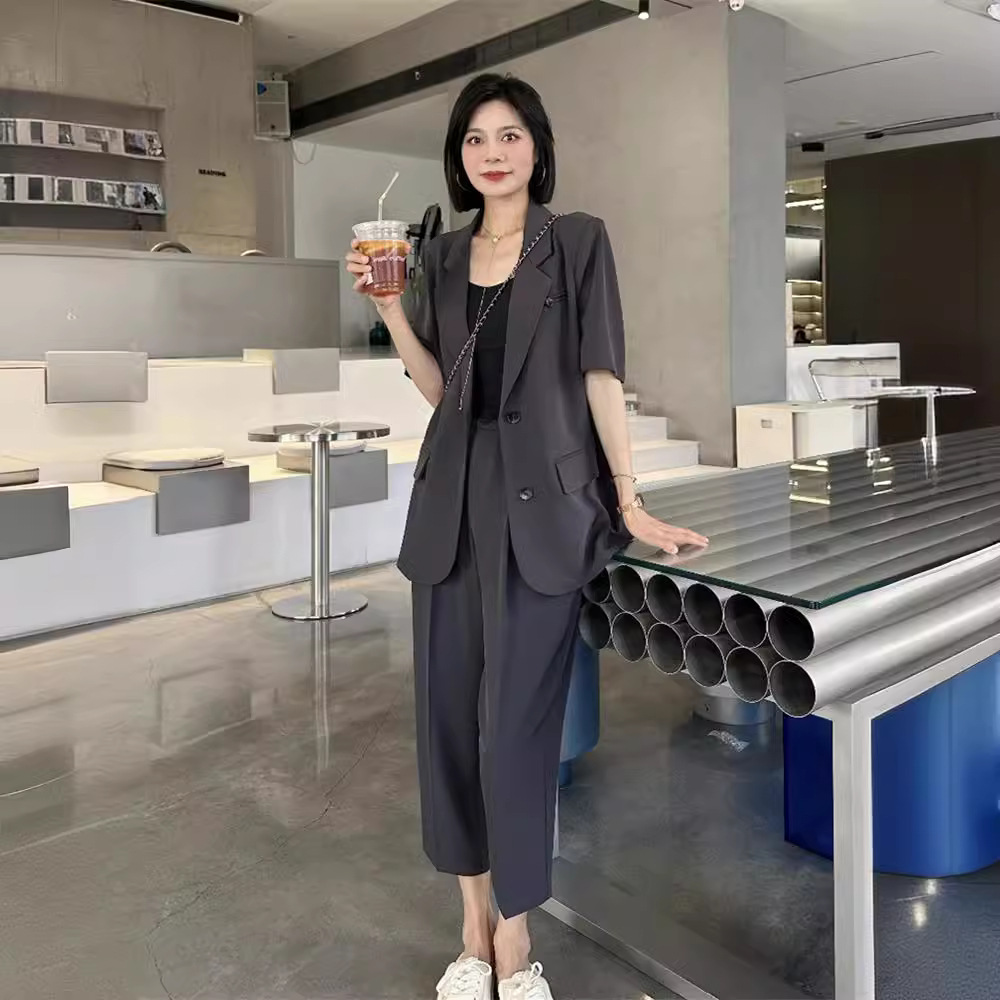 2649 пиджак для женщин плюс сайз, корейский стиль, для полных девушек, летние новые тонкие повседневные укороченные брюки, костюм для коммутирующих