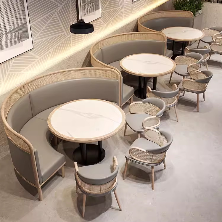 Solid Wood High-end Chinese Restaurant Table and Chair Combination Southeast Asian Rattan Restaurant Furniture Tea House Hotel Card Seat Sofa