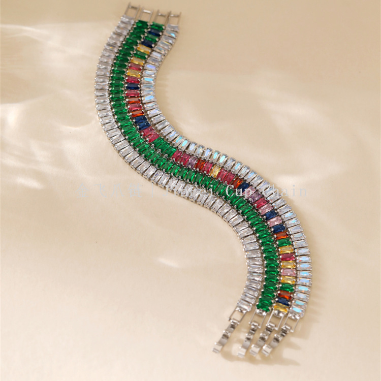 European and American Light Luxury Style Fashion Personality Bracelet Micro-Inlaid with Diamonds, Colorful Zircon, Trendy Full Diamond Bracelet, Elastic Open-Ended