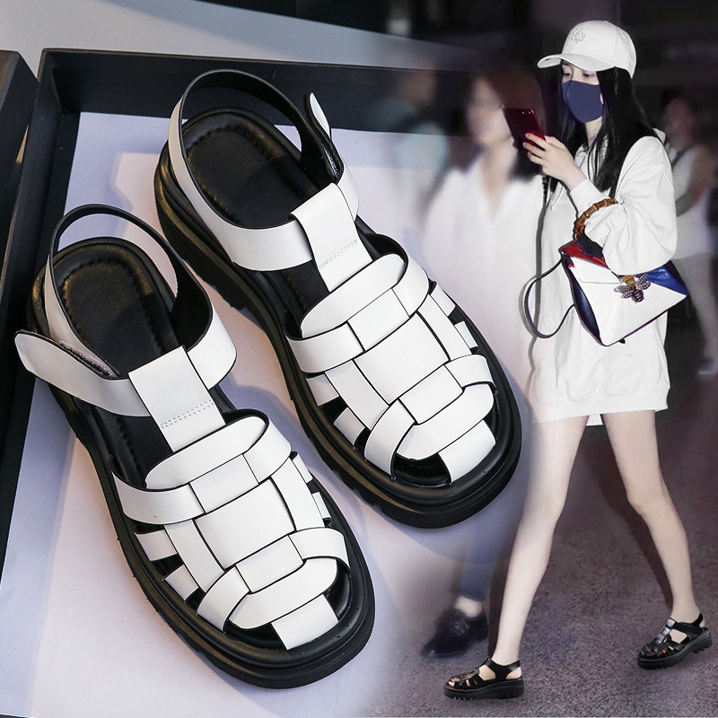 2025 Women's Shoes Retro Breathable Thick-Soled Woven Roman Toe Shoes with Velcro Sandals for Women, Lightweight and Comfortable for Summer