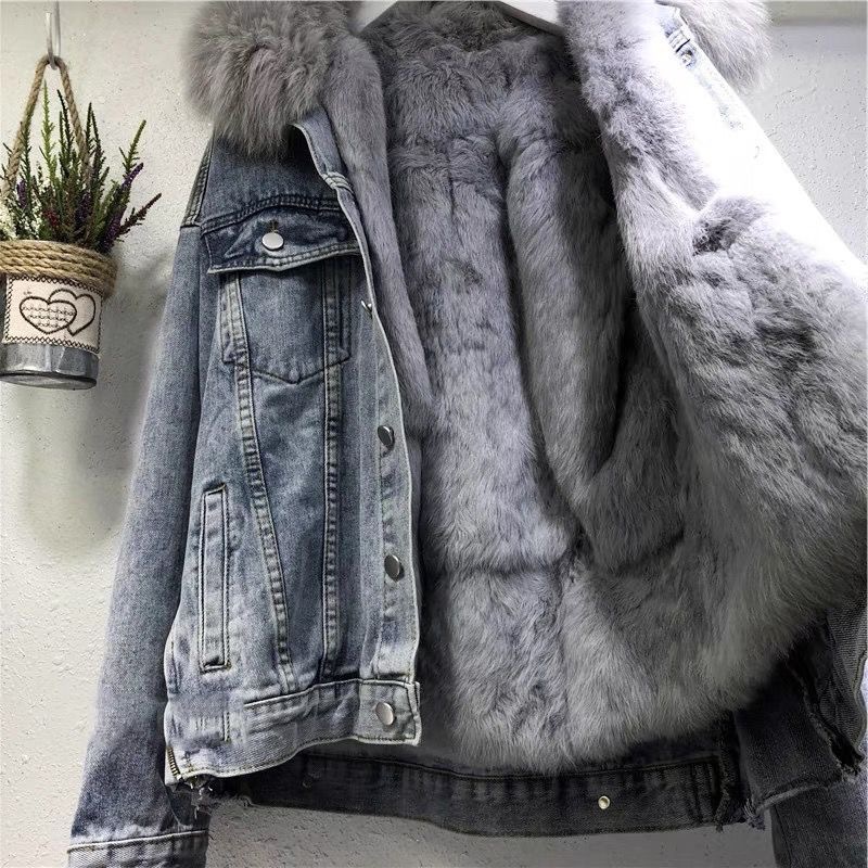 in stock short coat cotton-padded jacket 2025 winter fleece-lined new cotton-padded jacket loose Korean Denim fur collar thickened coat for women