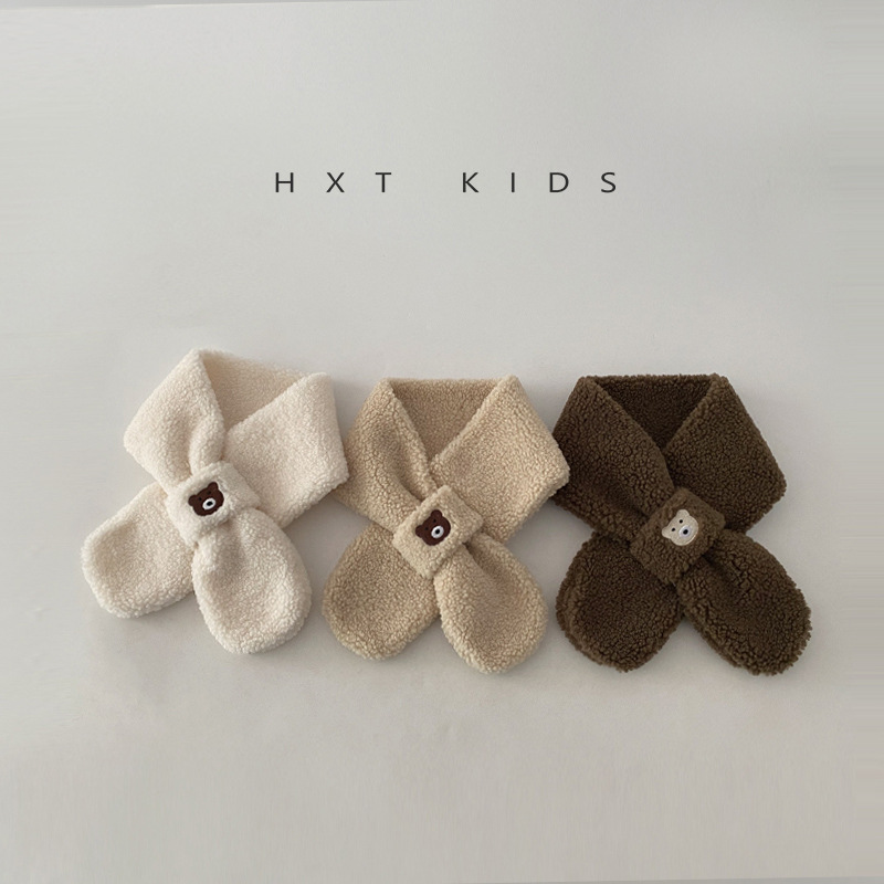 Children's Scarf and Gloves Two-Piece Set Winter Lamb Wool Super Cute Cute Bear Winter Baby Warm Cross Scarf