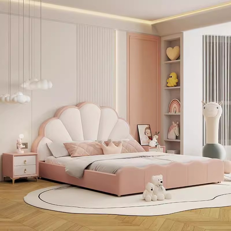 Children's Bed Girl European Accessible Luxury Petal Princess Bed Bedroom Modern Simple Boy Solid Wood Soft Bag Single Leather Bed