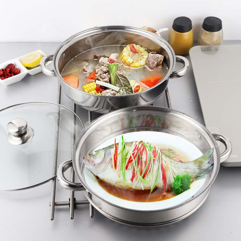 Thickened Stainless Steel Steamer Two-layer Double-layer Soup Steamer 28cm Large Capacity Steaming Soup Pot Hot Pot Practical Gift Pot