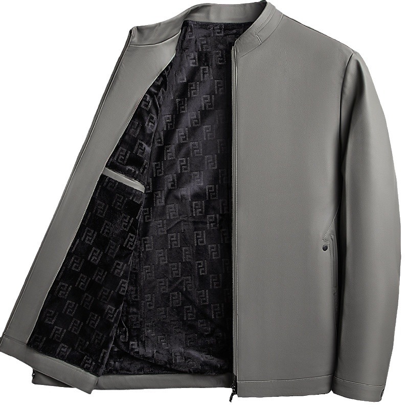 Brand Men's Haining Sheep Leather Middle-aged Business Casual Leather Jacket with Vertical Collar Thickened fleece-lined Leather Jacket Trendy