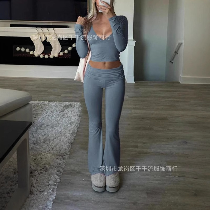 2024 Cross-border European and American Women's Clothing Amazon Leisure Sports Slim-fit Knitted Long-sleeved Pants Two-piece Suit