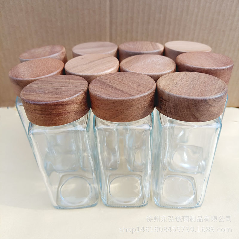 Square Salt Shaker Kitchen Seasoning Jar Chili Jar Seasoning Bottle Seasoning Bottle Combination Set Acacia Wood Glass Seasoning Jar