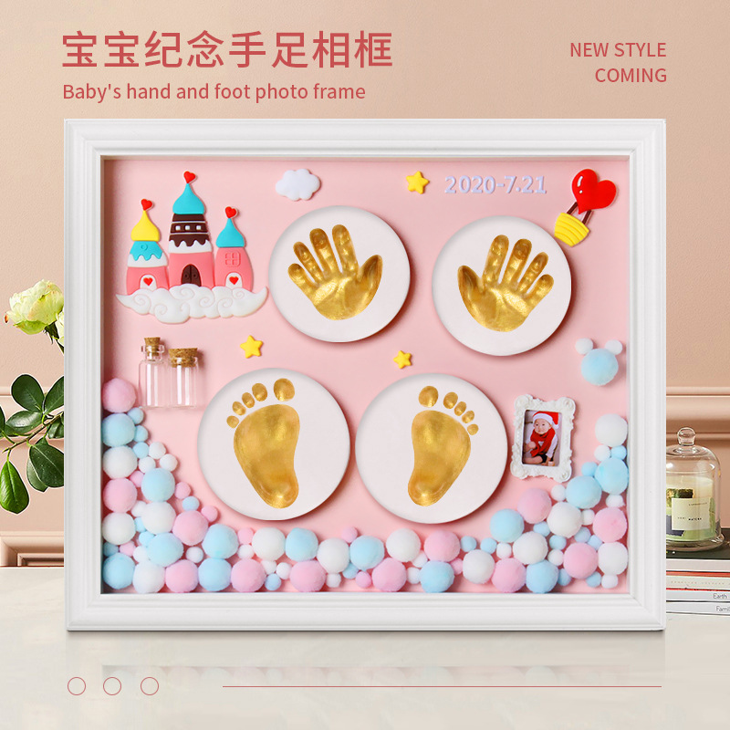 Baby Hand and Foot Print Mud Fetal Hair Souvenir Photo Frame Newborn One-Year-Old Handprint and Footprint Full Moon Hundred Days Gift Wholesale