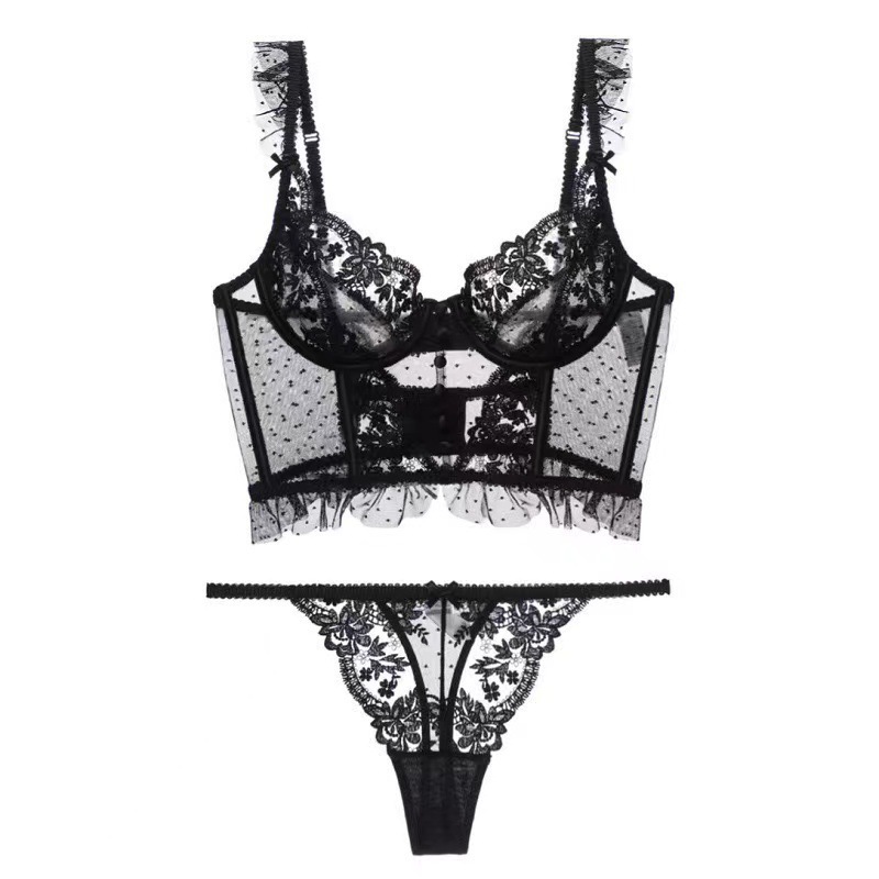French Lace Sexy Bra with Steel Ring Corset, Ultra-Thin Big Breasts, Small Push-Up Fishbone Vest, Embroidered Bra