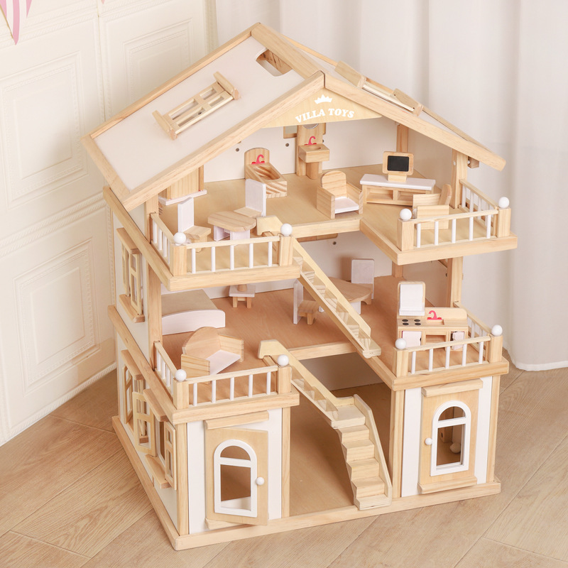 Children's Educational Playhouse Girl's Villa Dollhouse Wooden Pretend Play Princess Toy House Castle Indoor Solid Wood
