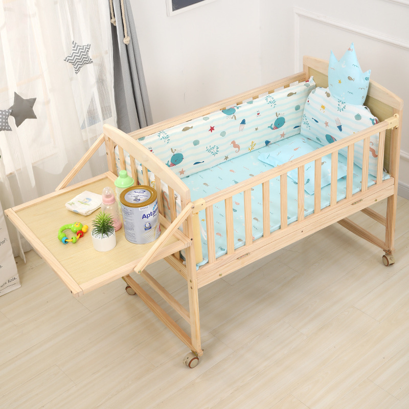Foldable Solid Wood Crib Multifunctional Baby Bed Newborn Baby Mobile Cradle Spliced Baby Big Bed in stock