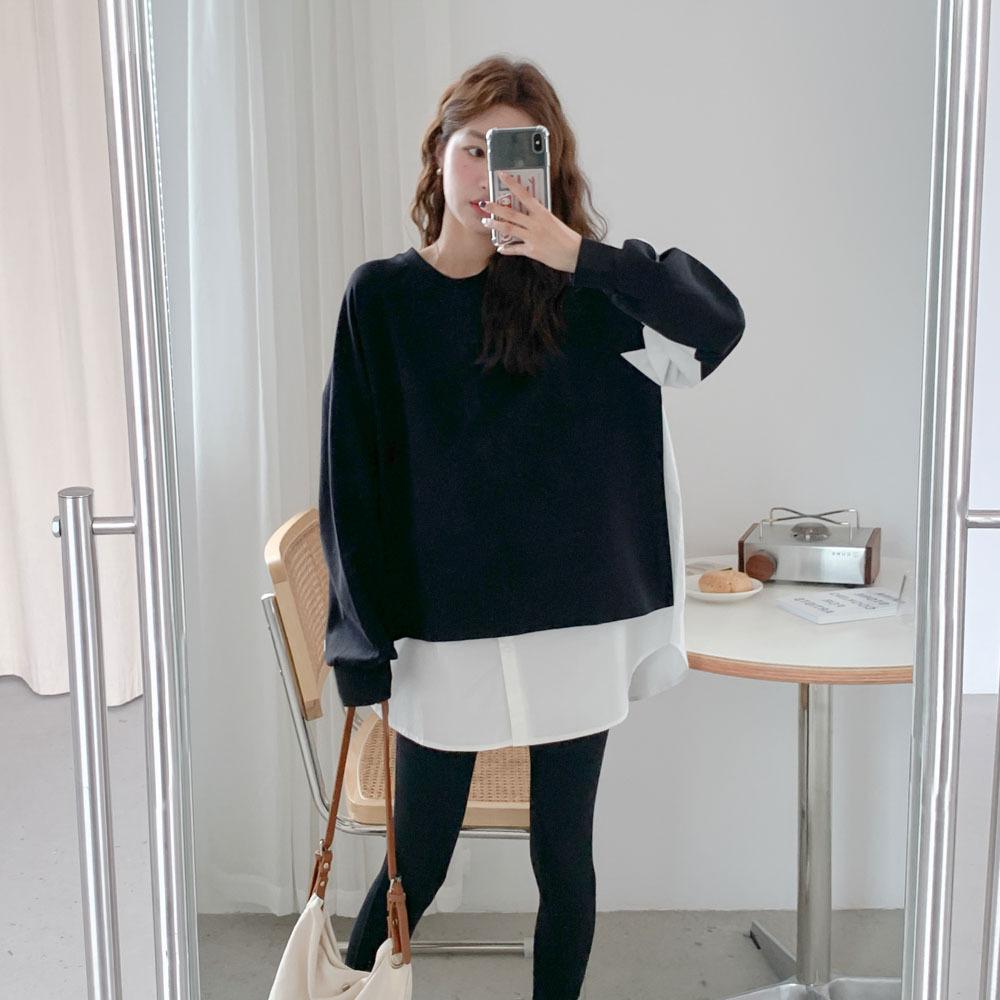 Autumn new maternity clothes Korean style fashionable western style stitching round neck sweater loose plus size slimming trendy hot mom top