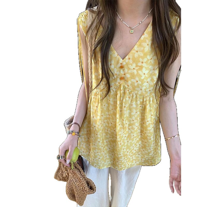 Korean New Style 2025 Summer Sweet and Beautiful Versatile Women's Lightweight V Neck Sleeveless Shirt Floral A-Hem Baby Doll Shirt