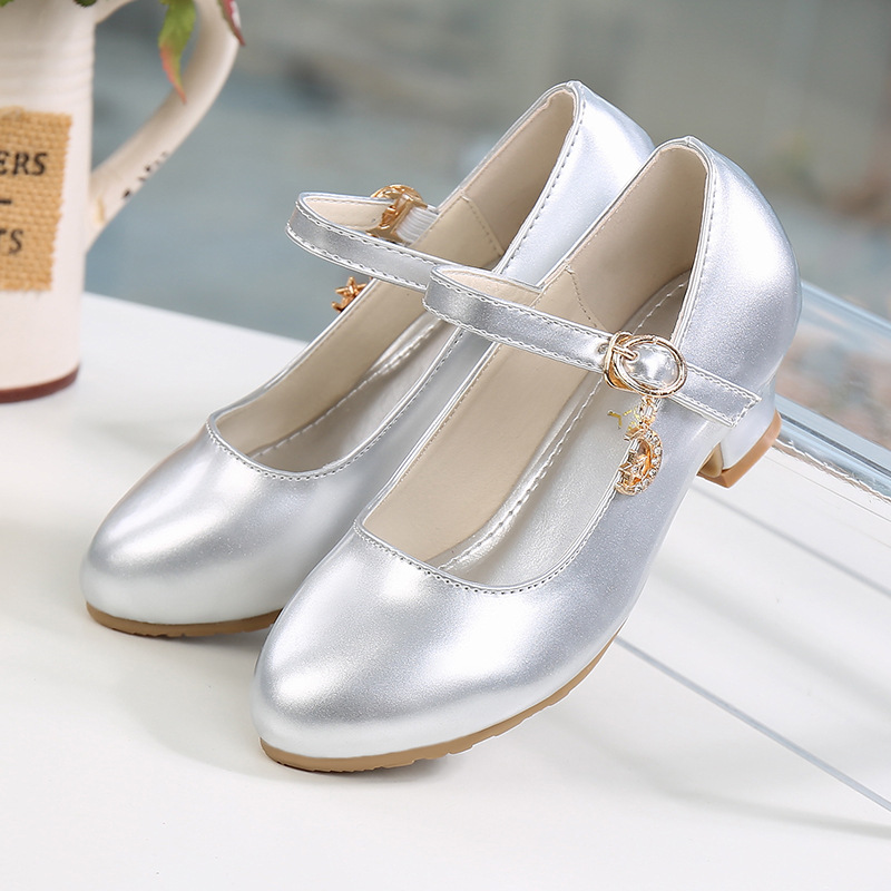 Spring and Autumn 2024 New Glitter Girls High-heeled Princess Shoes Korean Style Student White Performance Leather Shoes Children's Shoes