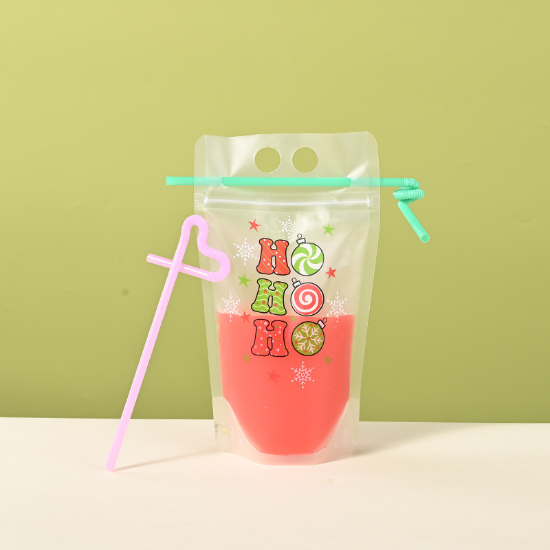 Cross-Border Christmas Beverage Bags Disposable Soy Milk Bags Milk Tea Juice Coffee Packaging Bags Portable Ziplock Bags in Stock