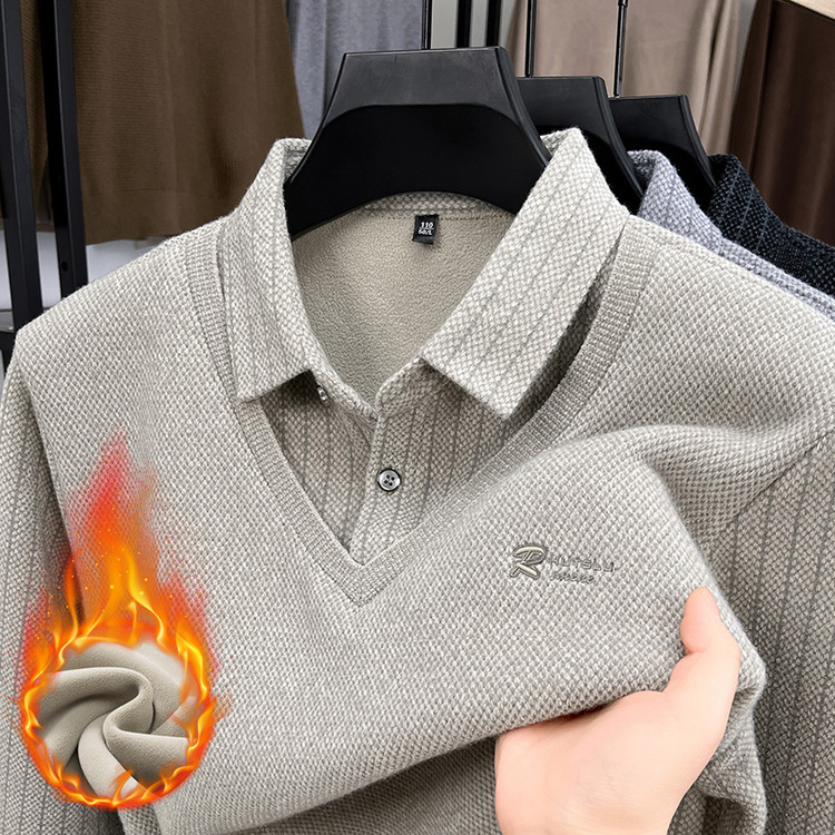2024 Young and Middle-aged New Men's Knitted fleece-lined Fake Two-piece T-shirt Lel Base Top Shirt Collar Sweater