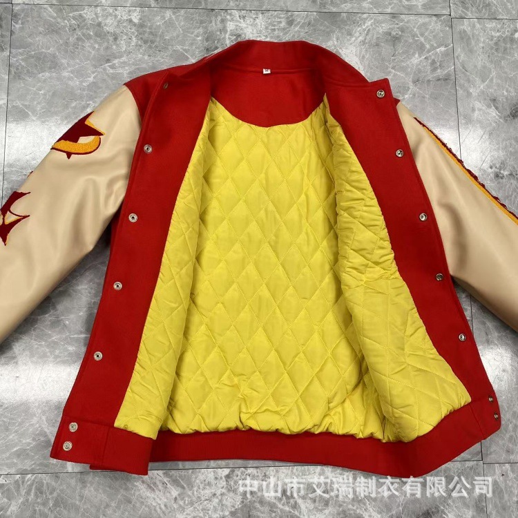 Source Factory Custom High Street College Embroidered Baseball Jacket Woolen Spring and Autumn Loose Stand Collar Top for Men and Women