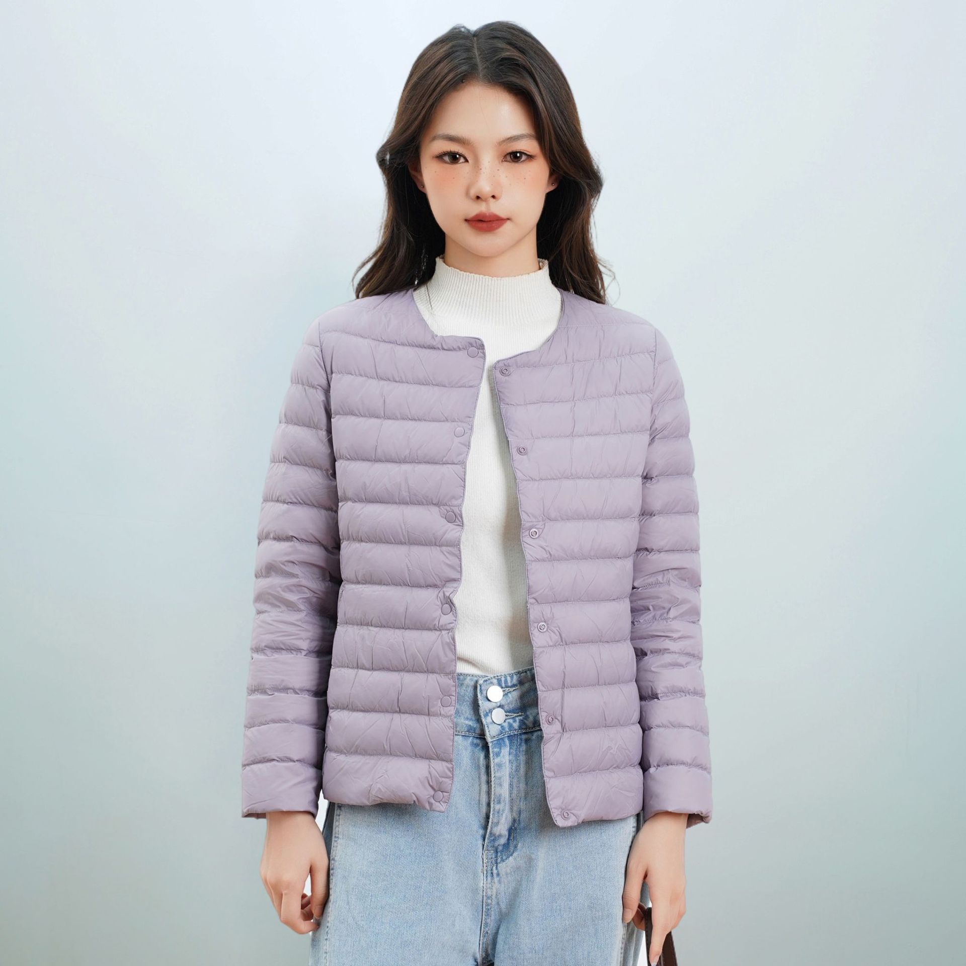 Pinghu Chi New Women's New National Standard 90 Velvet New Pure Color Women's Round Neck V Neck Simple Long-Sleeved down Jacket