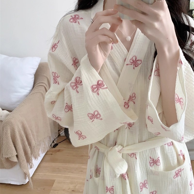 New Spring and Autum Pajamas for Women Korean Style Simple and Comfortable Nightgown Bow Casual Loose Home Wear Nightgown Summer