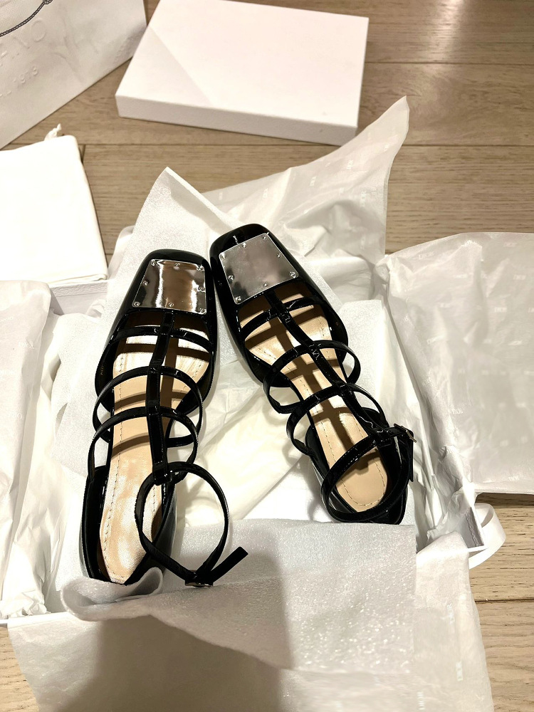 Sheepskin Version ~ Metal Buckle Patent Leather Square Toe Cut Out Thick Heel Mary Jane Shoes for Women Summer New Genuine Leather High Heel Sandals