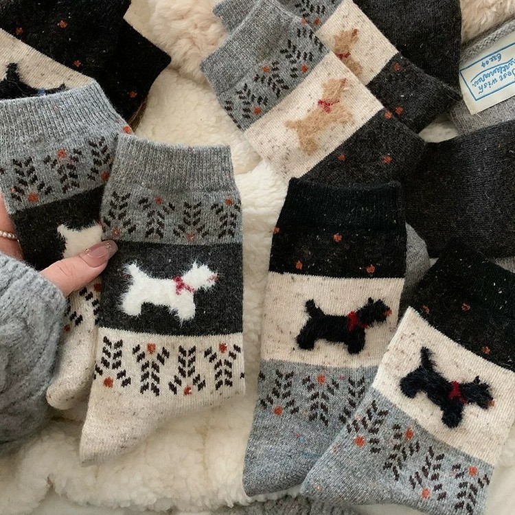 Wool Fairland Socks Women's Mid-Autumn and Winter Thickened fleece-lined Warm Plush Cute Puppy Winter Stockings