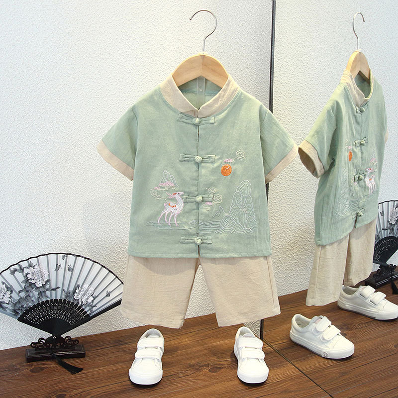 Boys' Hanfu Chinese Style Tang Suit Children's Traditional Outfit for First Birthday Ceremony, Baby Boy Summer Outfit with Cloud Embroidery