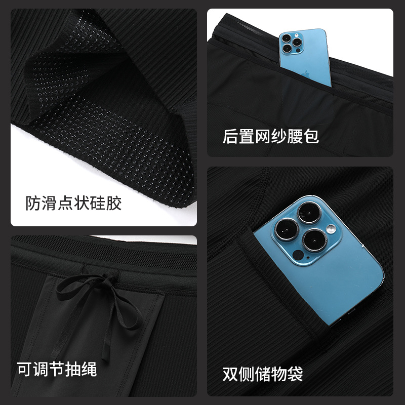 Cross-Border Amazon Spot Nylon High-Elastic Cross-Country Running Sports Quarter Shorts with Inner Liner Compression Pants Quick-Drying Pants