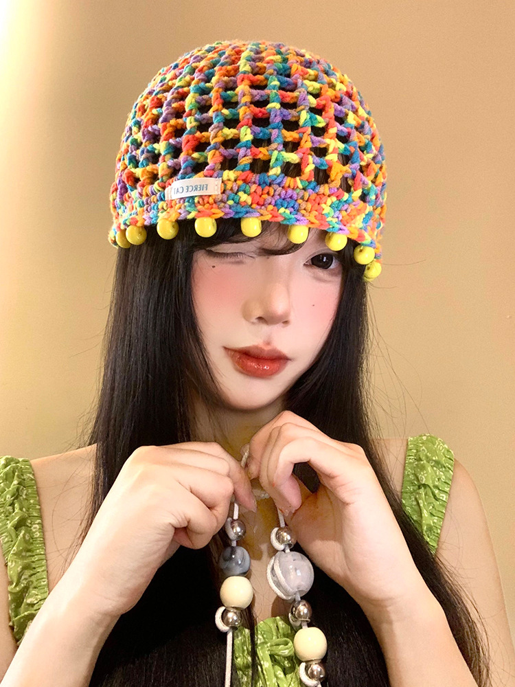 Colorful Dopamine Beaded Hollow Knitted Hat for Women Summer 2025 New Thin Breathable Face-Showing Small Toe Cap