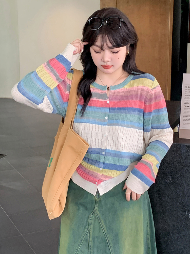 Plus Size Women's Round Neck Colorfulful Long-Sleeved Tops Women's Jacket 2025 Autumn Fat mm Loose Knitted Cardigan 2283