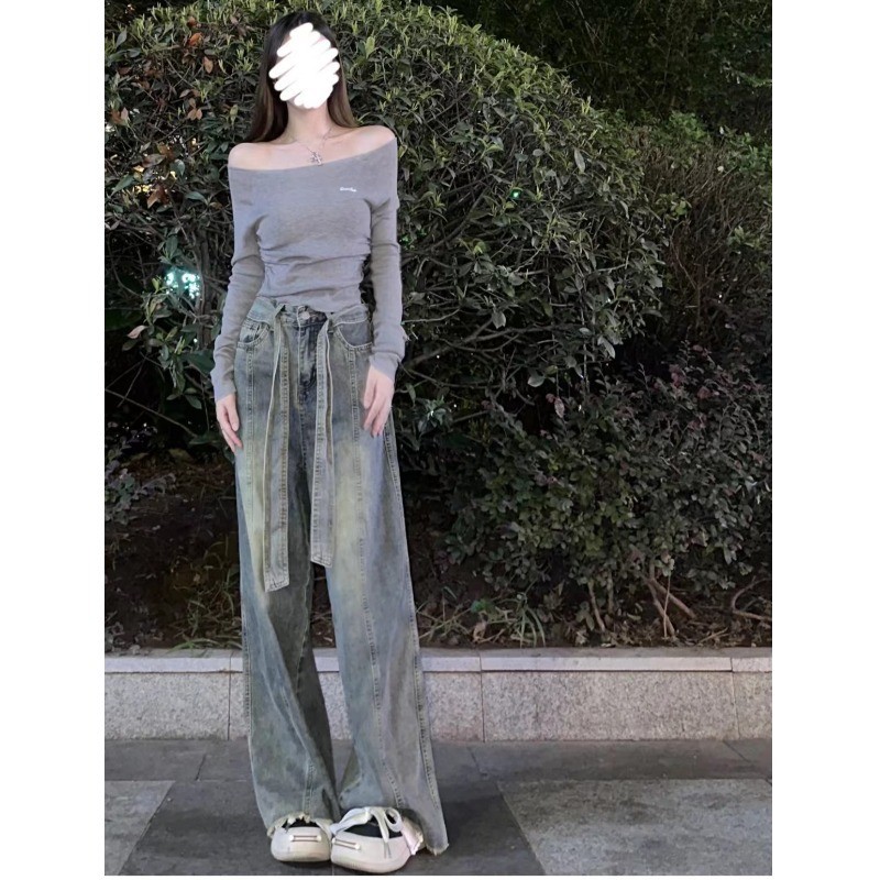 Nostalgic blue high-grade wide-leg jeans for women 2023 early Autumn New loose high waist wide-leg slimming frayed long pants