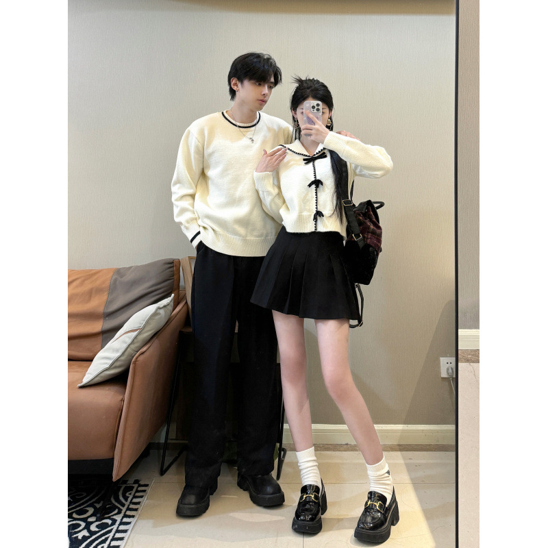 2024 Spring and Autumn Navy Collar College Style Bow Knitted Cardigan Women's Couple Sweater Men