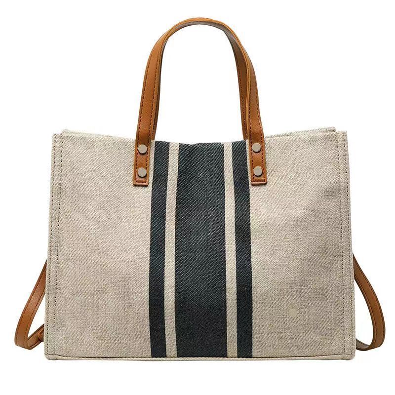 Women's woven handbag briefcase professional commuter striped simple shoulder bag large capacity linen messenger bag