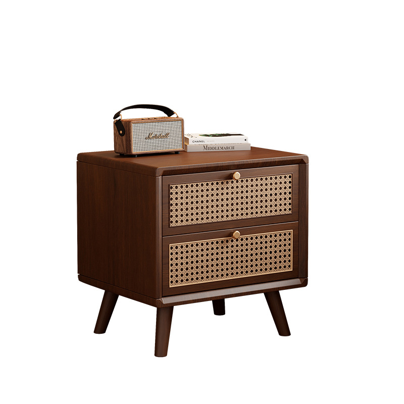 New Chinese Style All Solid Wood Bedside Table Rattan Log Walnut Simple Double Drawer Home Bedroom Bedside Storage Locker