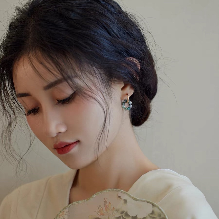 Quiet Good Time Exquisite Design Natural Aqua Grass Agate Golden Ear Ring Niche High-grade Personality Earrings