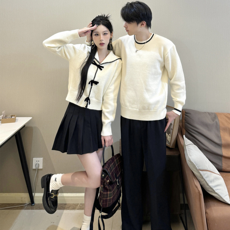 2024 Spring and Autumn Navy Collar College Style Bow Knitted Cardigan Women's Couple Sweater Men