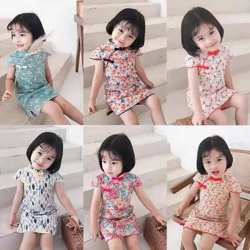 2023 Summer new children's girls printed cheongsam ladies Tang ethnic style dress a generation of hair