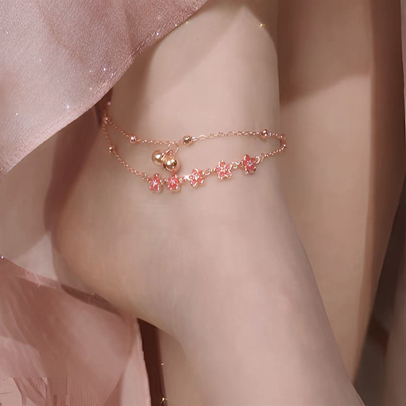 Little Peach Blossom Bell Anklet Women's Summer 2025 New Pink Flower Double Layer Anklet Best Friend's Same Birthday Gift