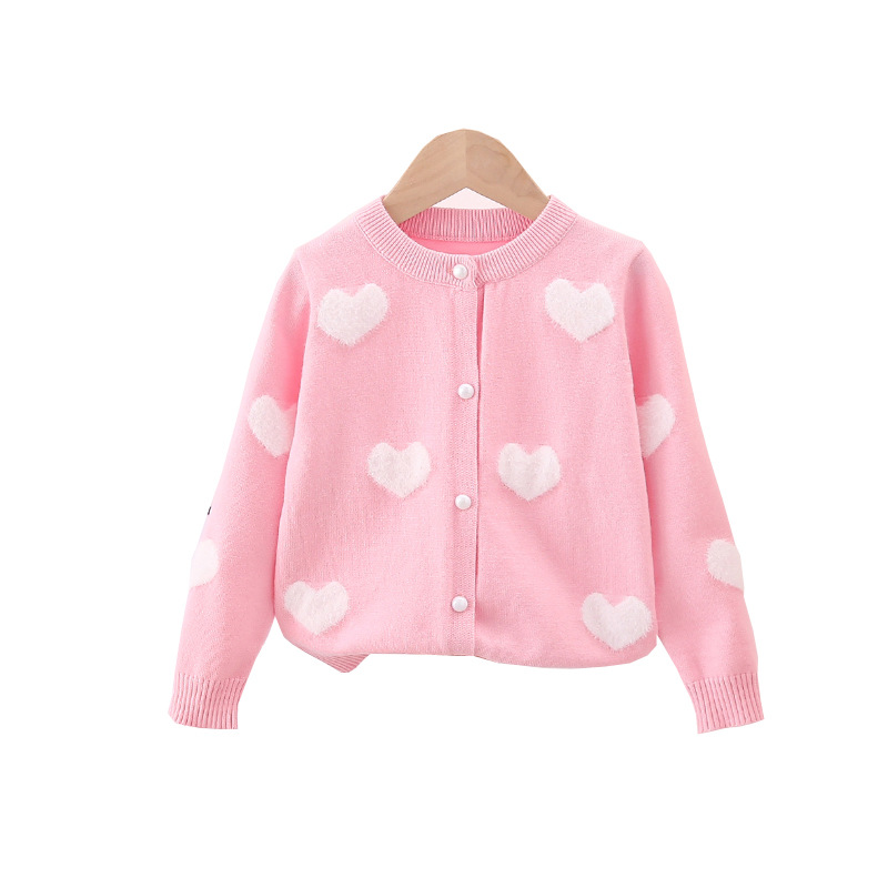 Manufacturer Wholesale Children's Clothing Girls' Woolen Cardigan 25 Spring & Fall New Baby Mink Heart Jacquard Core-Spun Yarn Sweater