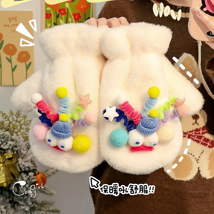 Cute Funny Plush Hanging Neck Gloves Two-piece Set Women's Winter Warm fleece-lined Thickened Anti-freezing Student