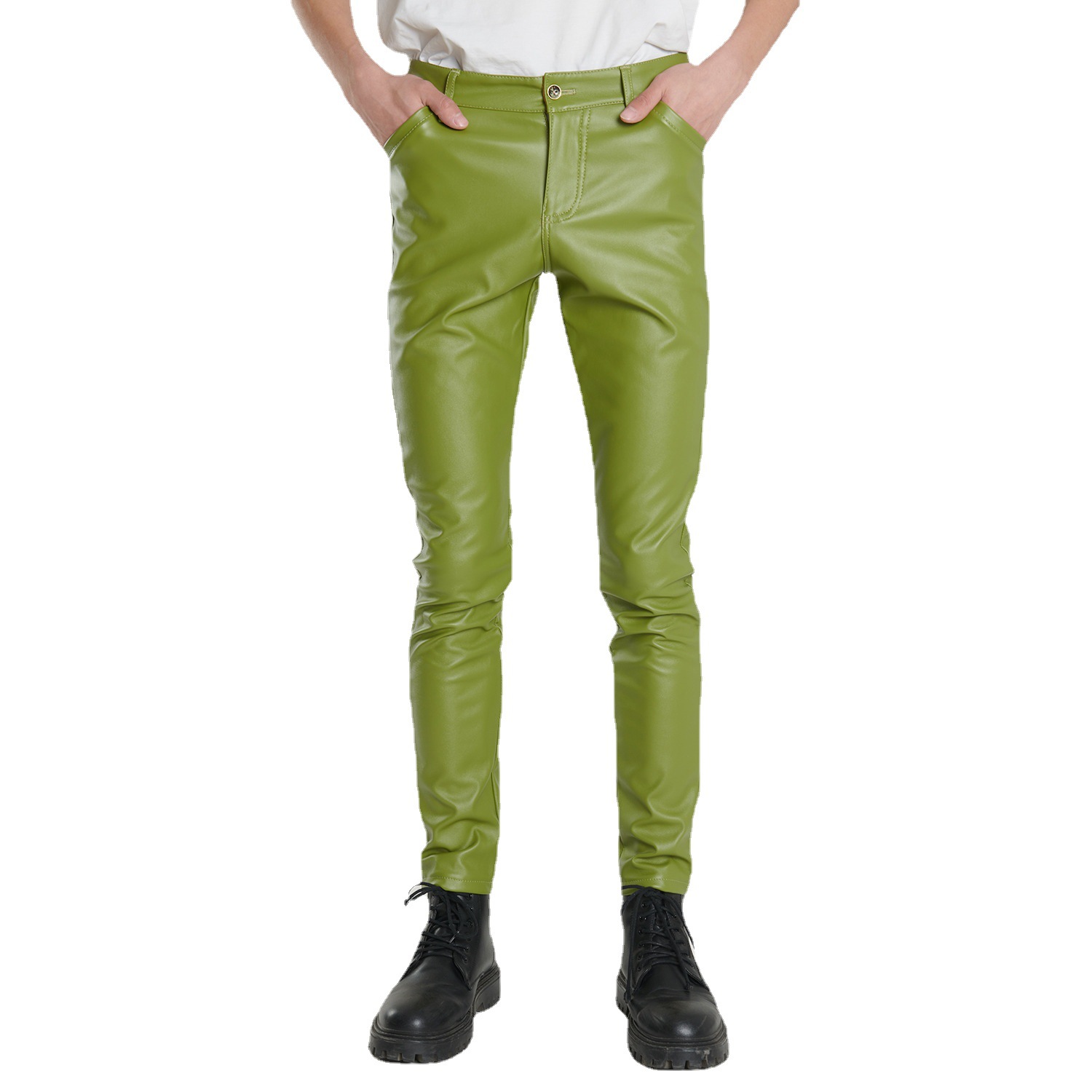 Cross-Border Young and Middle-Aged Leather Pants Men's Elastic Slim Green Blue Dance Performance Bar Brown Barber Salon Trendy and Cool