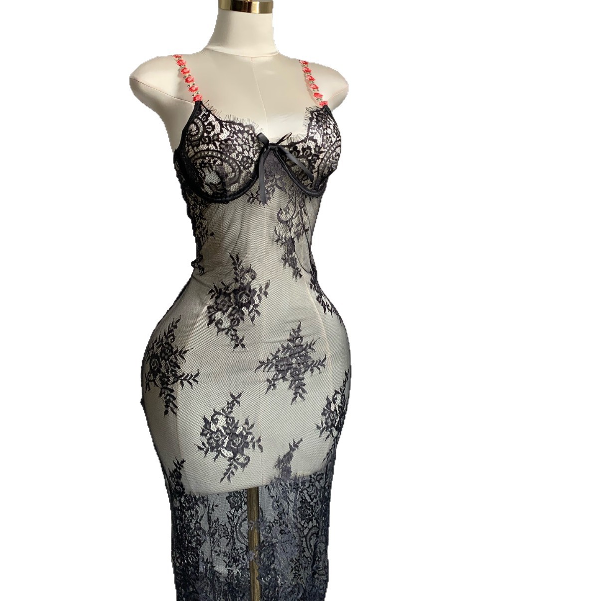 Cross-Border Amazon European and American New Sexy Lace Bow Long Skirt Embroidered Suspenders Stunning Suit Factory Direct Sale