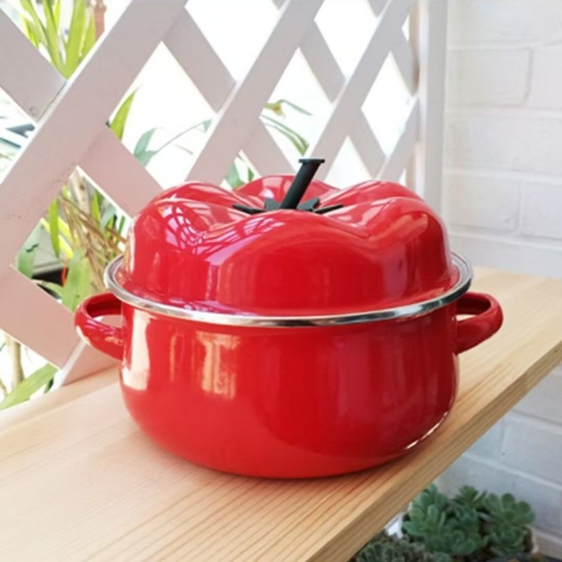 Tomato Soup Pot Enamel Bowl Household Container Double-Ear Enamel Basin with Lid Thickened Stew Pot High-Temperature Resistant Enamelware