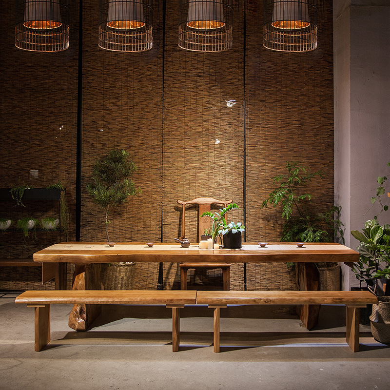 New Chinese Style Tea Table Complete Set for Home Living Room Zen Solid Wood Tea Table Large Table Tea House Tea Room Log Tea Table and Chairs