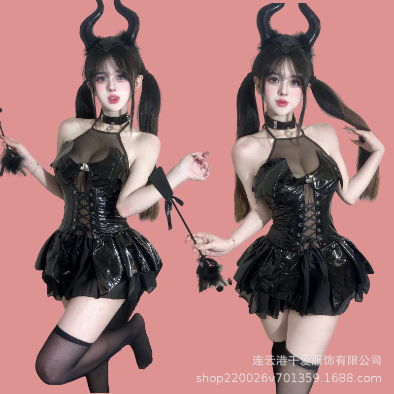 Сексуальные пижамы Женское сексуальное нижнее белье Обтягивающий лакированный костюм Демон Искушение ПУ Костюм для ролевых игр 2850