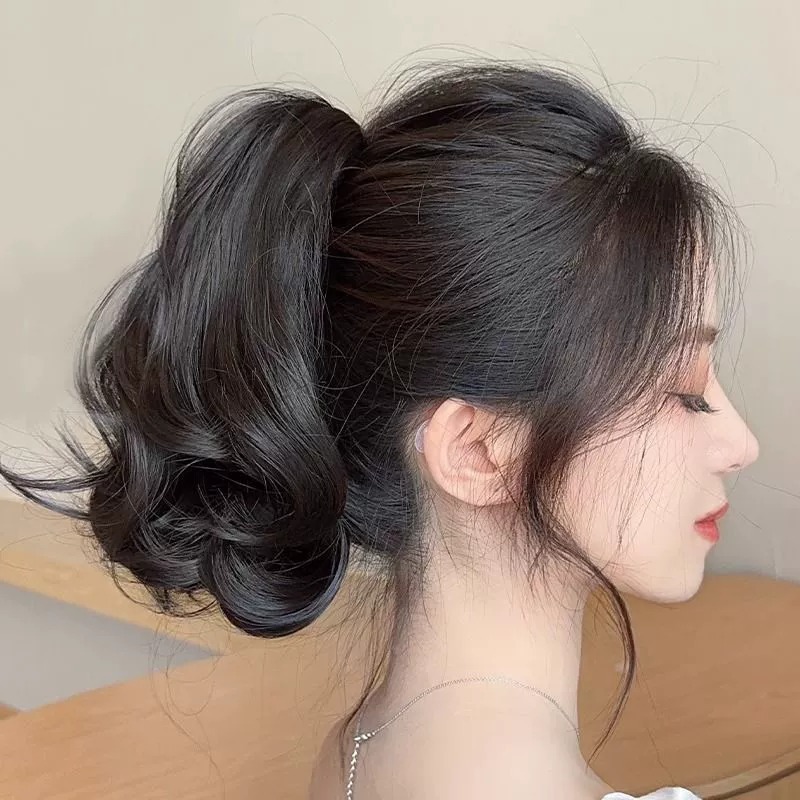 Wig women's short ponytail summer clip big wave mid-length short fake ponytail pear flower curly hair braid natural simulation