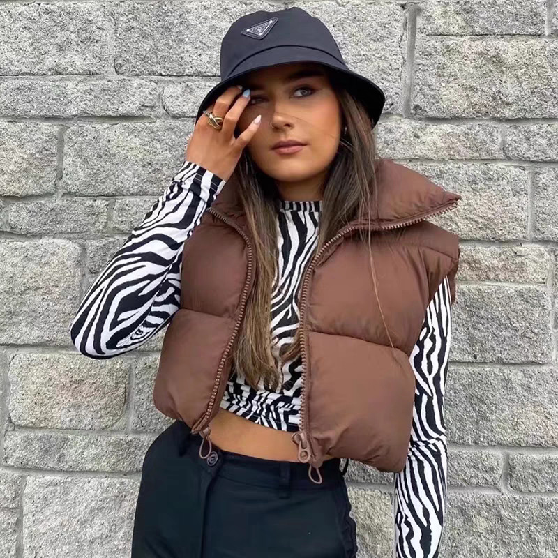 Cotton Vest Women's 2024 Autumn and Winter New European and American Style Short Vertical Collar Thickened Sleeveless Cotton-padded Jacket Vest Trendy Jacket