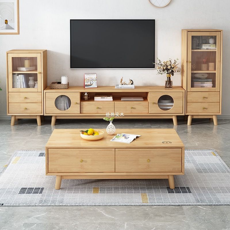 Solid Wood Tv Cabinet Simple Modern Log Floor Cabinet Small Apartment Living Room Nordic Japanese Coffee Table Tv Cabinet Combination