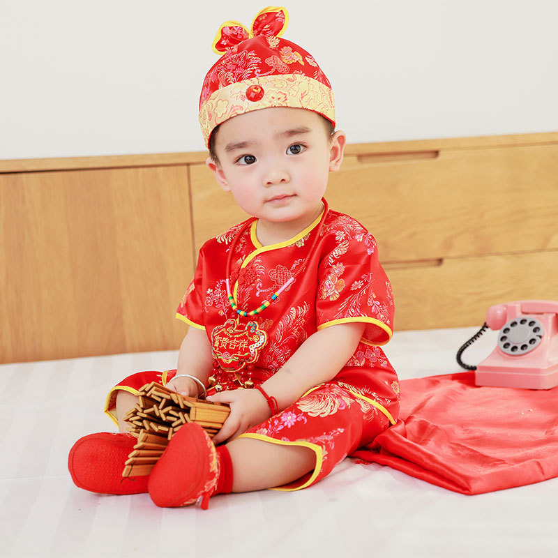 Детский танг костюм для мальчиков и девочек ханьфу лето детский костюм на сто дней китайский стиль платье на день рождения для одного года