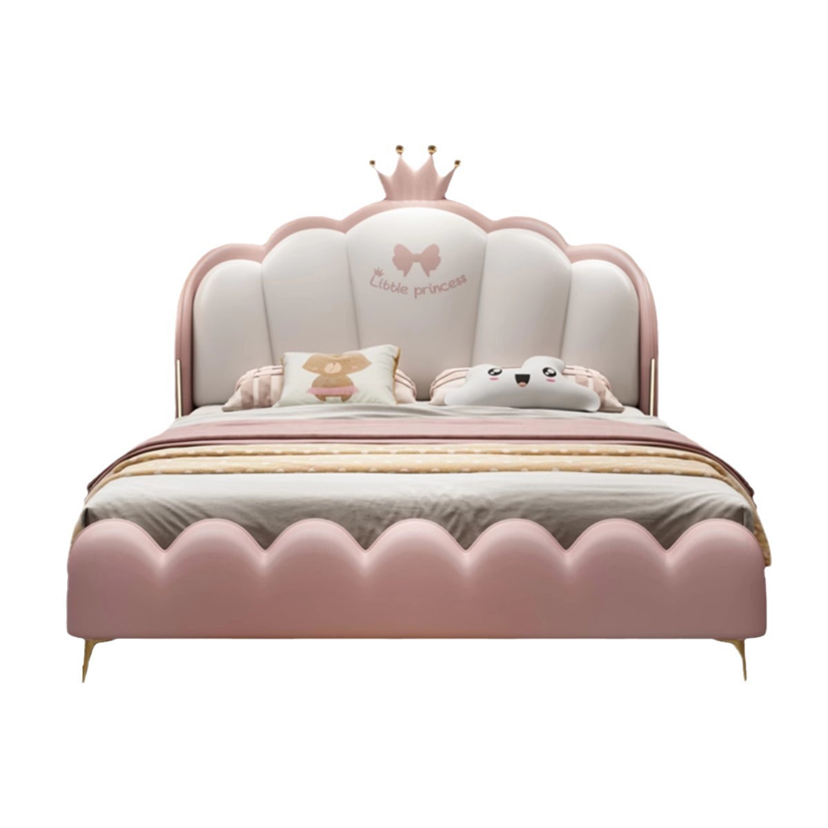 Suspended Solid Wood Bed Children's Bed Girl's Bedroom Princess Bed Light Luxury Leather Bed Small Apartment Pink Crown Double Bed